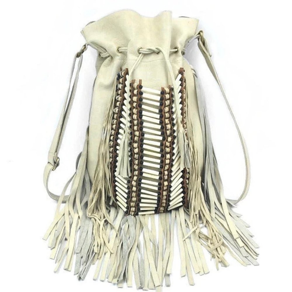 Fringe cream leather bag, boho leather purse, bohemian/Spell/Free People - NWOT